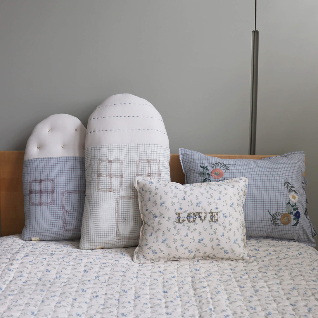 Camomile London Midi House Cushion - Green Check/Stone