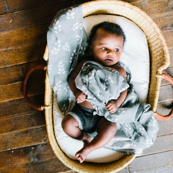 Mini Wander muslin swaddle-leaves stormy blue