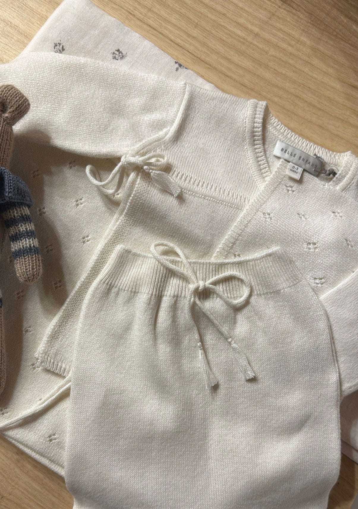 Bella Enfant cashmere/cotton pointelle wrap set- ivory
