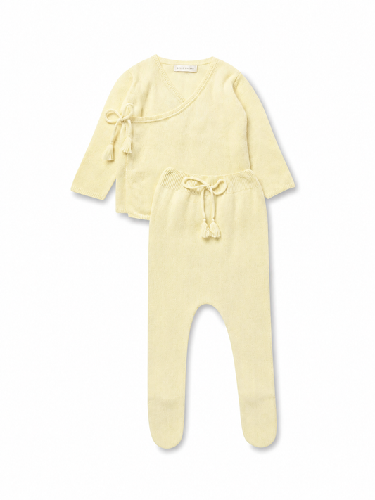Bella Enfant cashmere/cotton pointelle wrap set- primrose