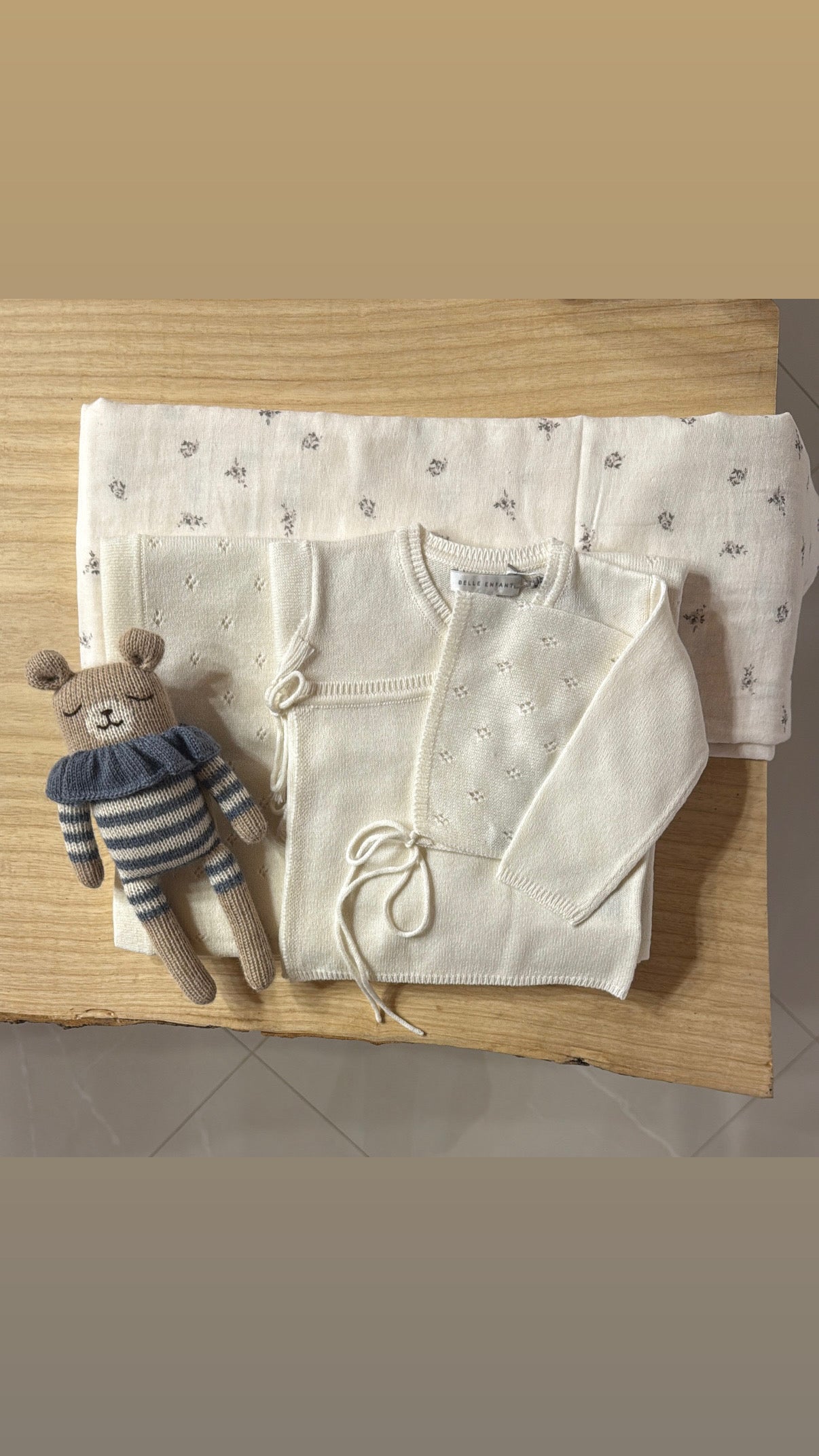 Bella Enfant cashmere/cotton pointelle wrap set- ivory