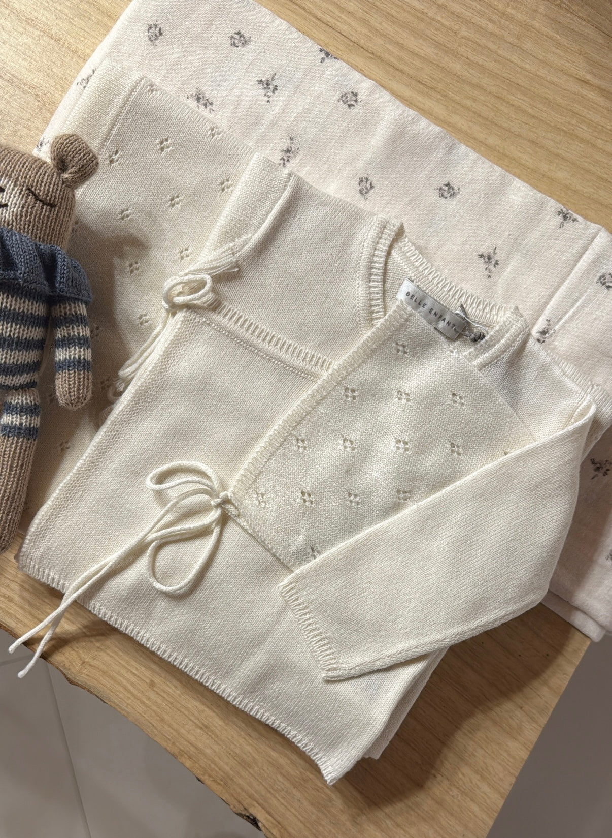 Bella Enfant cashmere/cotton pointelle wrap set- ivory