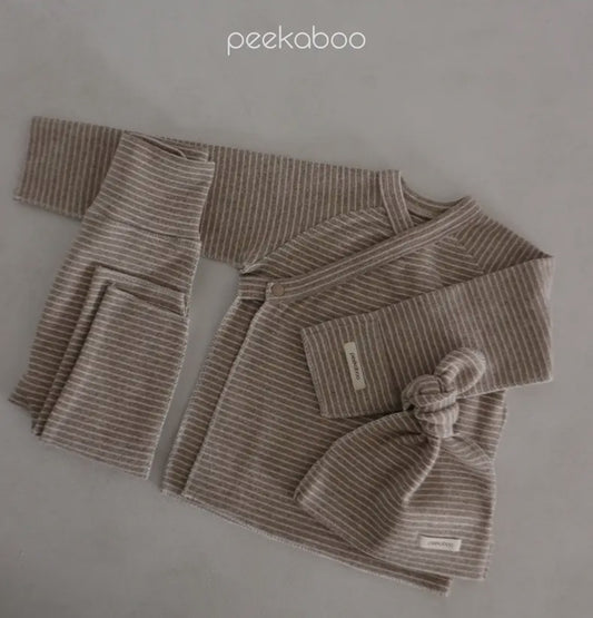 Peekaboo striped kimono set-beige & ivory