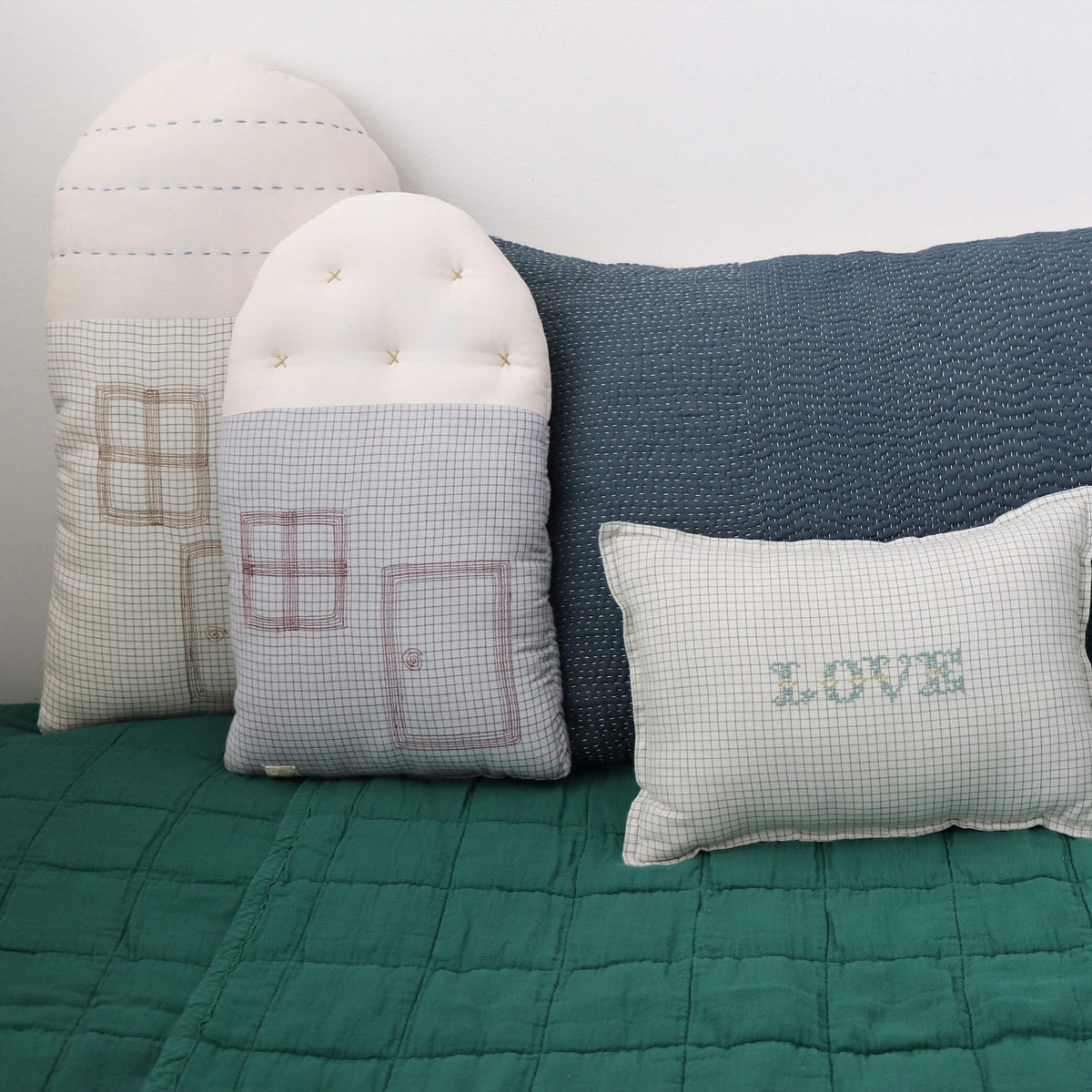 Camomile London sage grid check cushion small