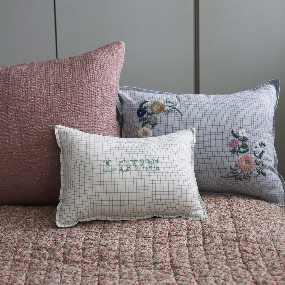 Camomile London sage grid check cushion small
