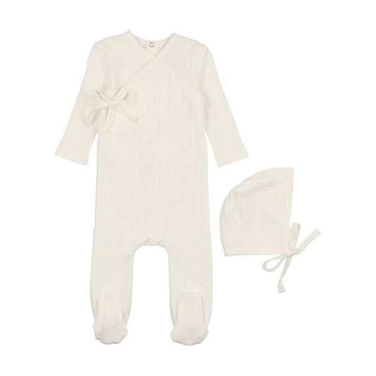 Coco Blanc Ivory Side Tie Thin Pointelle Footie With Bonnet