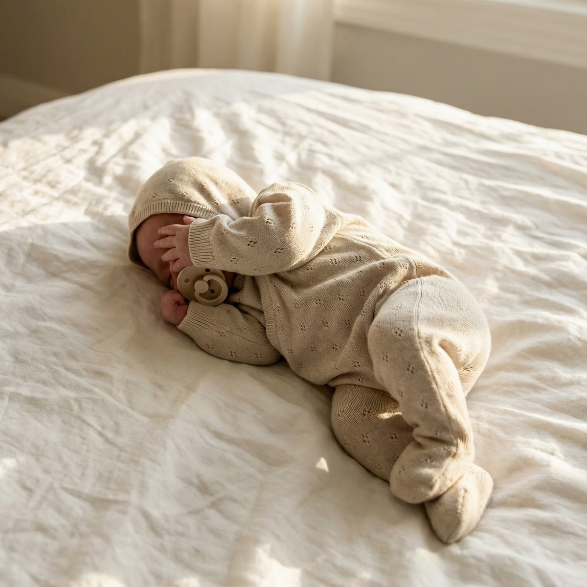 Freckle label cotton pointelle Babygrow & bonnet- oatmeal