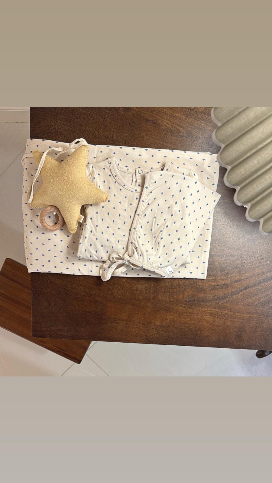 Lovely Littles Blue Damask blanket styled with matching babywear