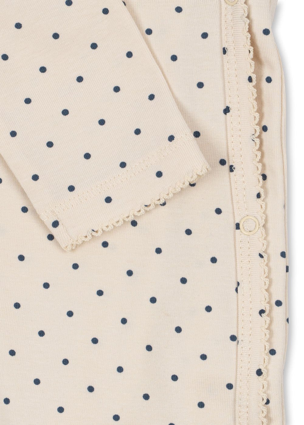 Close-up of Konges Sloejd Blue Dot onesie snap closure