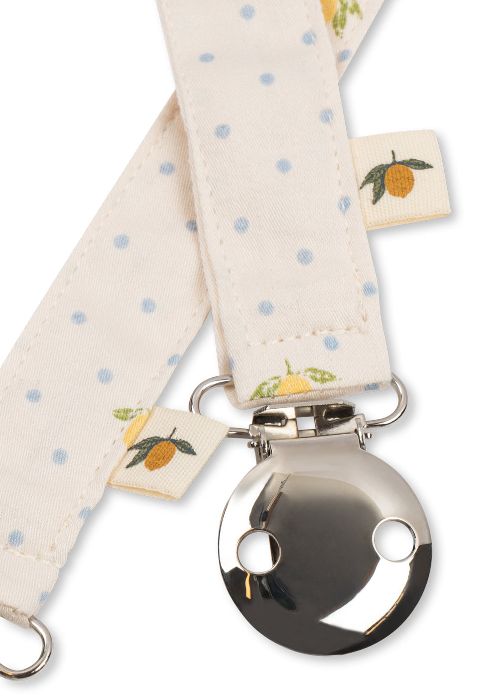 Close-up of Konges Sloejd Lemon Dot pacifier clip