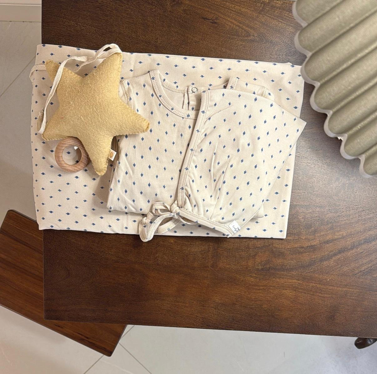 Lovely Littles Blue Damask romper and hat styled with blanket