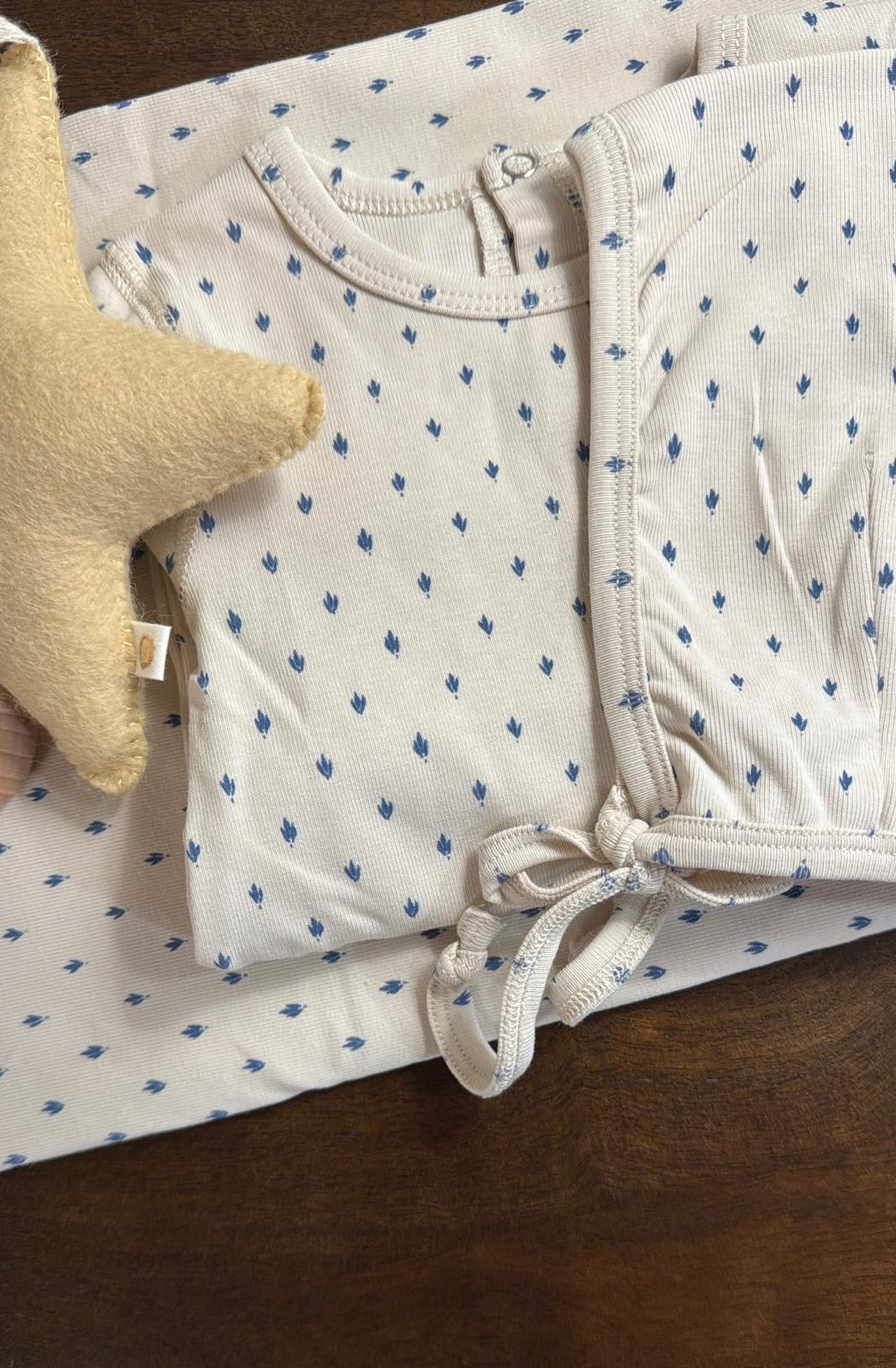 Lovely Littles Blue Damask romper fabric detail