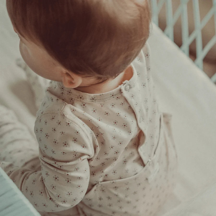 Baby wearing the Lovely Littles Blue Roseberry romper